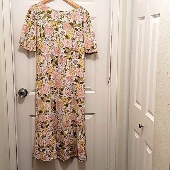 WHO WHAT WEAR WOMEN'S FLOWERS PRINT LINEN RAYON DRESS SHORT SLEEVE SZ L - Picture 2 of 10